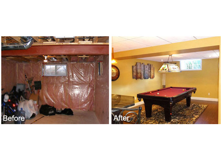 Before & after basement pool table area
