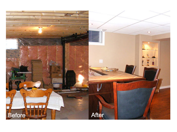 Before & after basement bar area