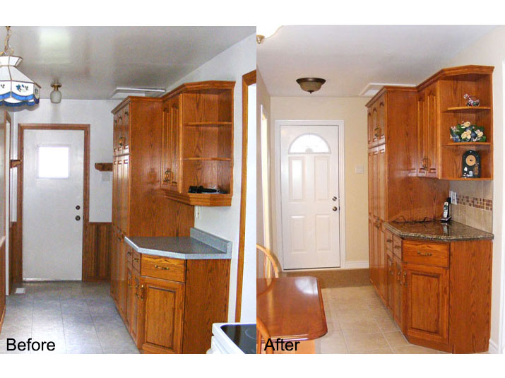 Before & after granite countertops and new finish carpentry in kitchen