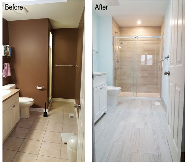 Before and after photo of bathroom renovation