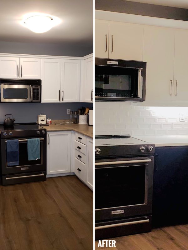 Before and After Kitchen reface, featuring white upper cabinets and navy base cabinets