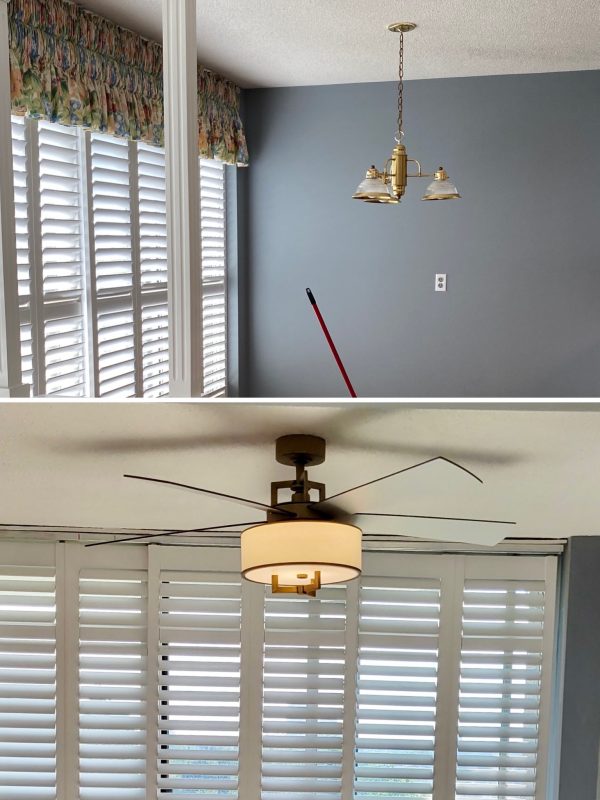 Before and after ceiling fan in dinette area
