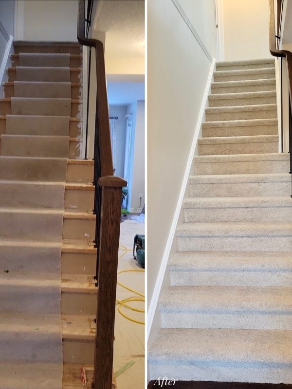 Before and after carpet replacement on stairs
