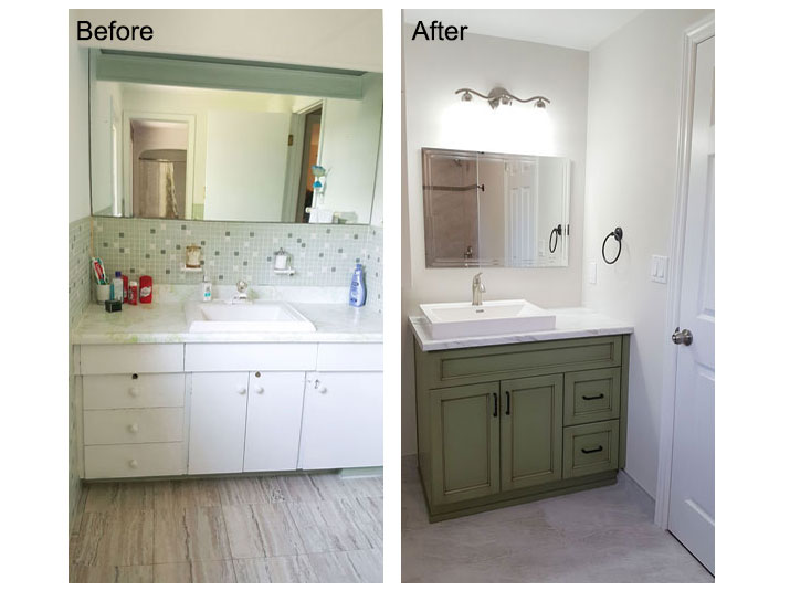 Before and after green bathroom vanity
