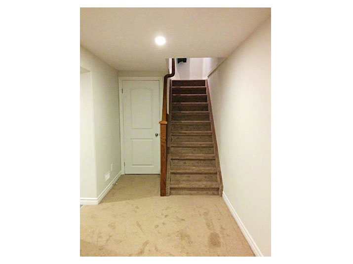 Plush carpet stairs with oak railing