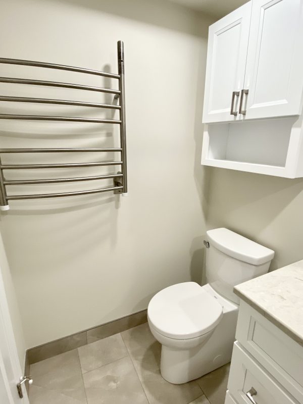 One piece toilet with white storage cabinet