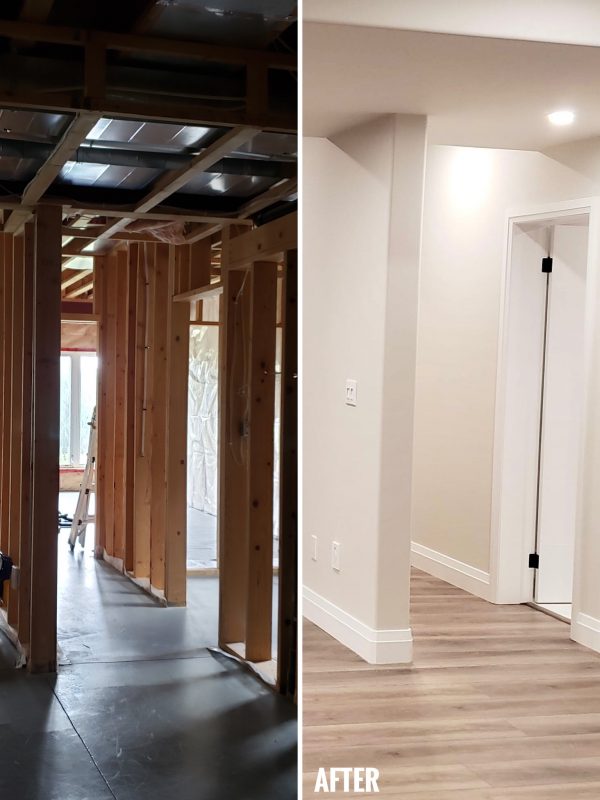 Before and After basement hallway