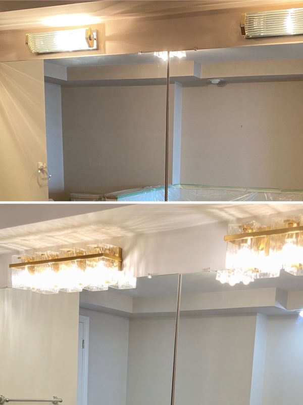 Before and after wall light replacement in ensuite washroom