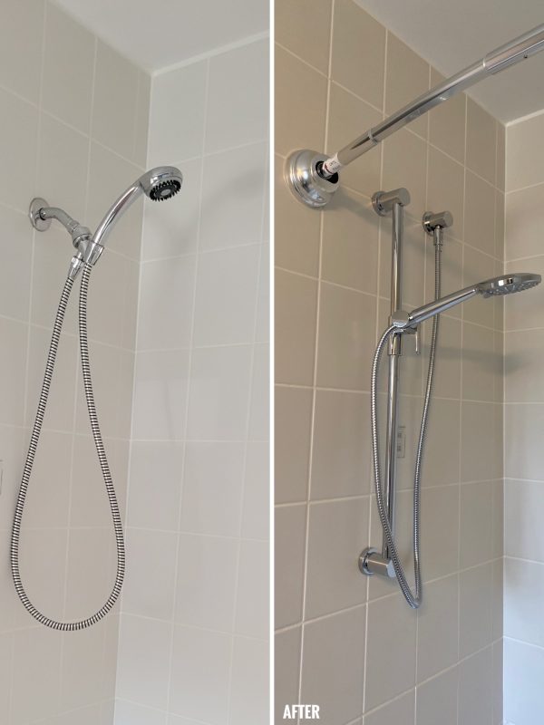 Before and after main washroom shower hardware