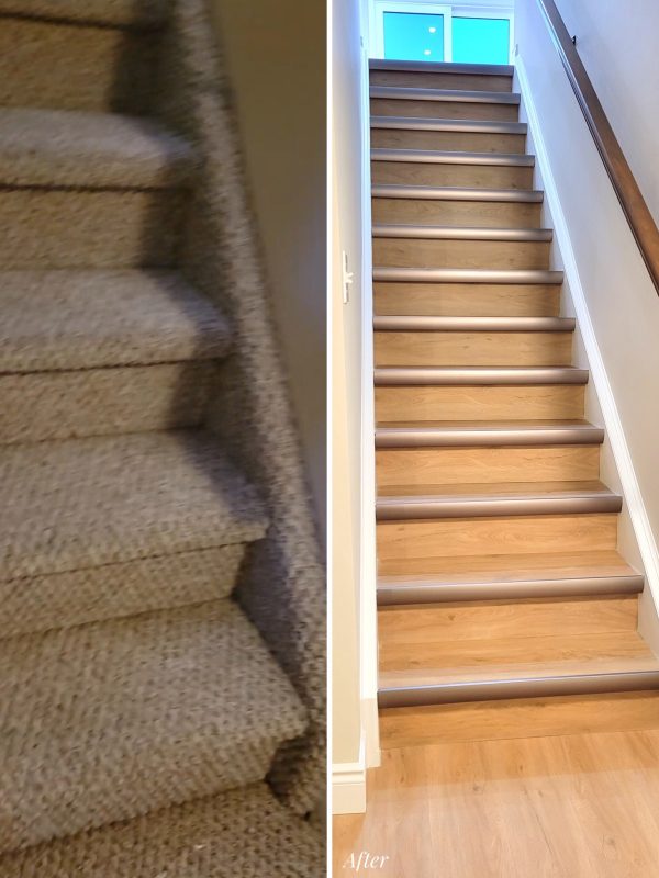 Before and after stairs to basement