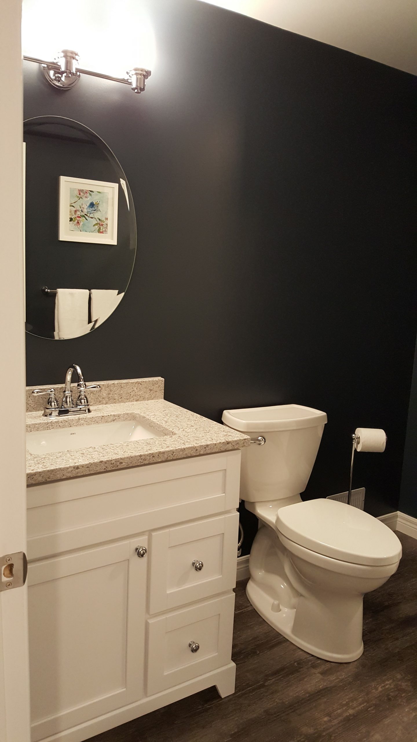 Navy blue and white themed bathroom
