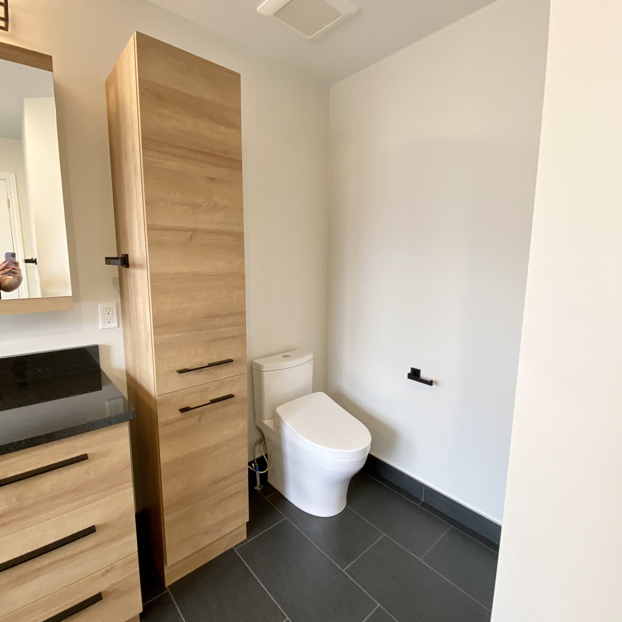 Linen tower for extra storage and new toilet