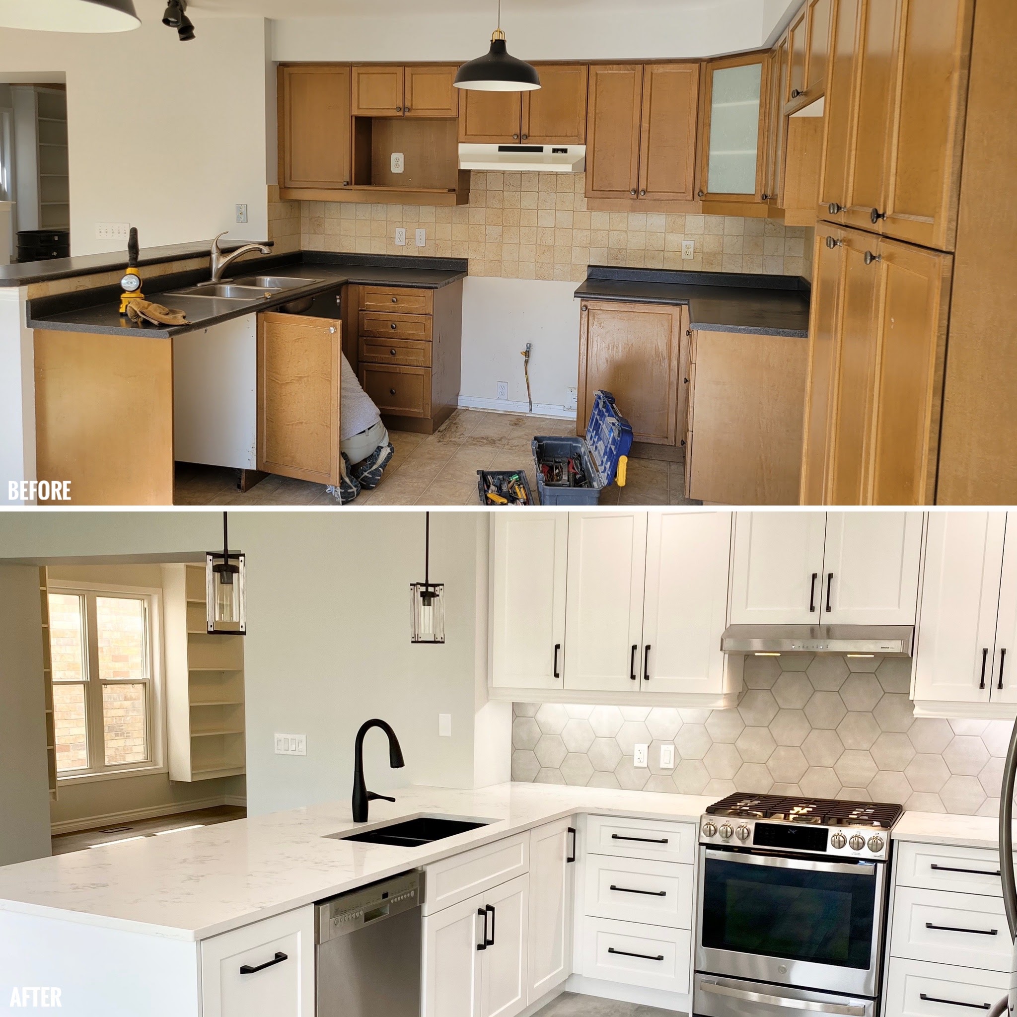 Before and after kitchen peninsula