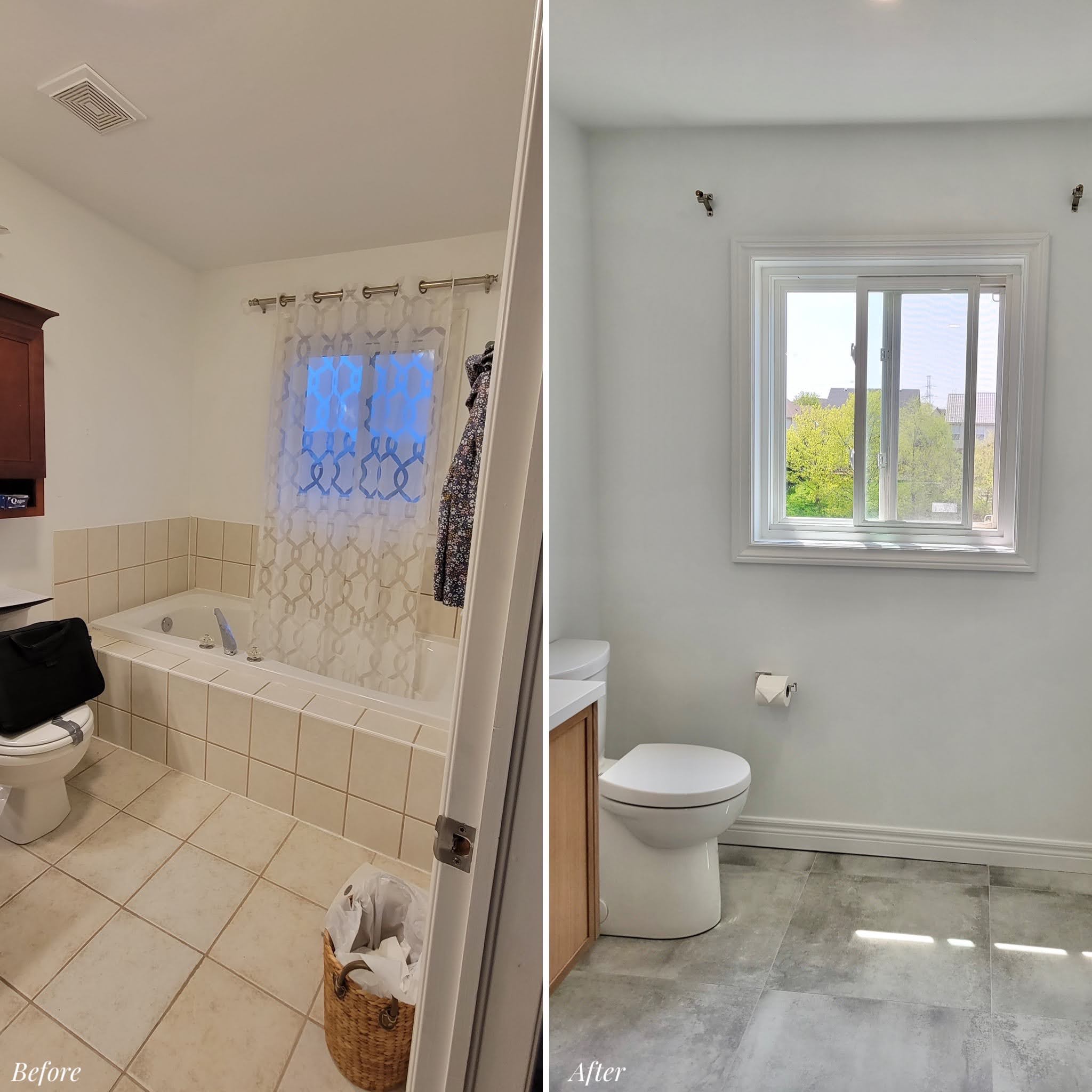 Before and after bathtub area in ensuite